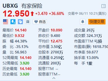 美股異動(dòng)｜有家保險(xiǎn)續(xù)漲36.6% 該股昨日大幅上漲超28%