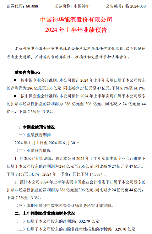 中國神華：預(yù)計上半年凈利潤同比下降8.1%-14.1%  第3張