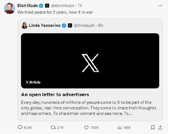 馬斯克向廣告商宣戰(zhàn)：我們?nèi)塘藘赡炅?，現(xiàn)在是戰(zhàn)爭！