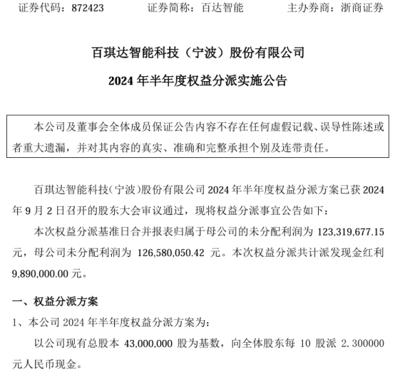 百達(dá)智能2024年半年度權(quán)益分派每10股派現(xiàn)2.3元 共計(jì)派發(fā)現(xiàn)金紅利989萬(wàn)  第1張