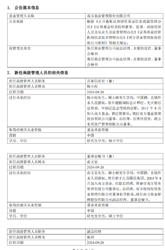 南方基金完成高管團隊換屆 楊小松擔(dān)任公司總經(jīng)理兼首席信息官  第1張