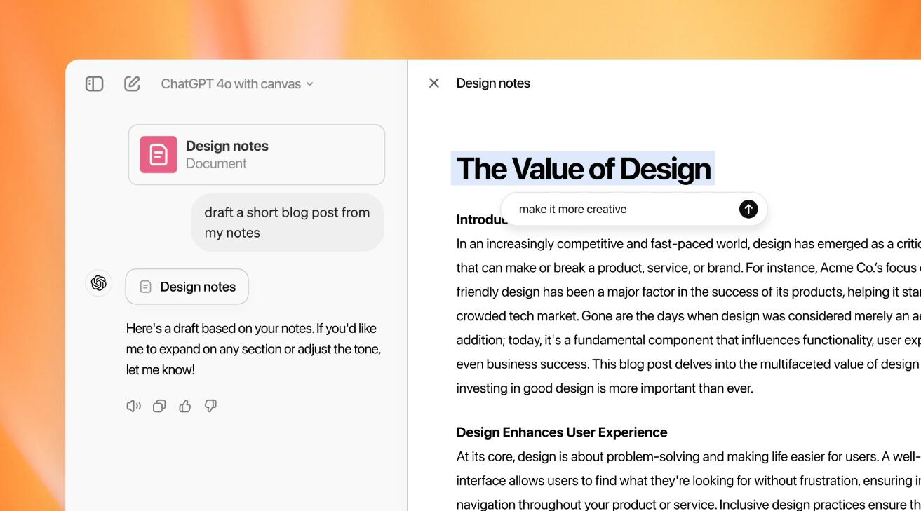 ChatGPT對話開新窗口：OpenAI推出新界面canvas，特辟寫作和編碼工作區(qū)  第1張