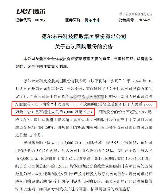 德?tīng)栁磥?lái)首次回購(gòu)股份僅100股 支付總額443元人民幣！此前公告回購(gòu)不低于3000萬(wàn)元