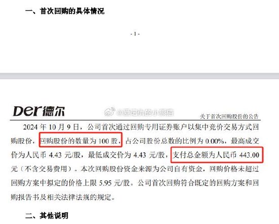 德?tīng)栁磥?lái)首次回購(gòu)股份僅100股 支付總額443元人民幣！此前公告回購(gòu)不低于3000萬(wàn)元