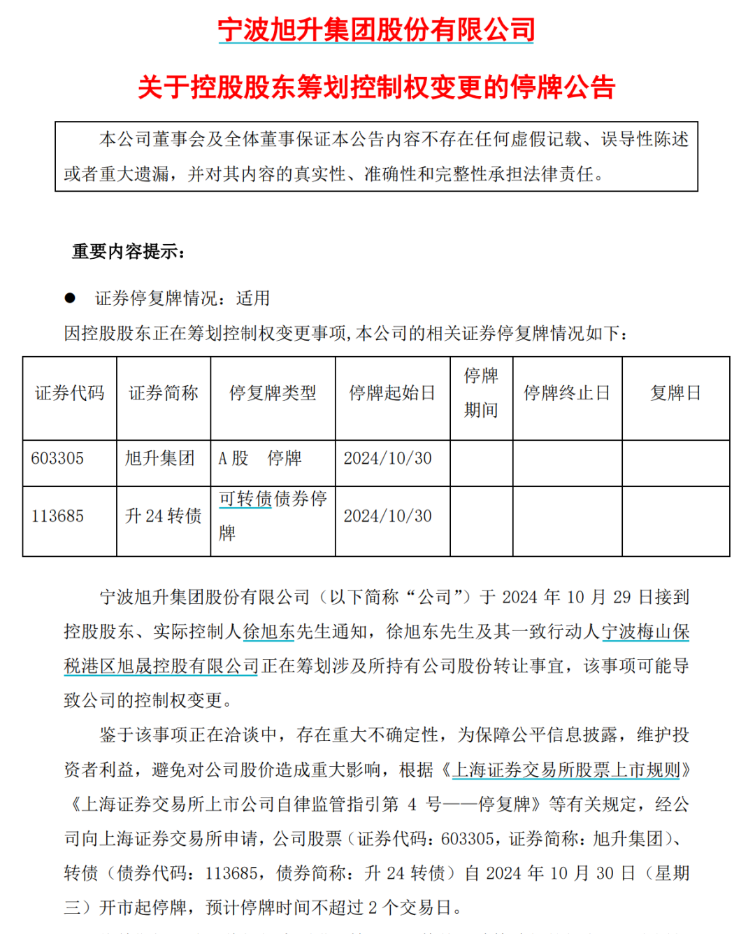 旭升集團停牌籌劃公司股份轉讓，或導致控制權變更